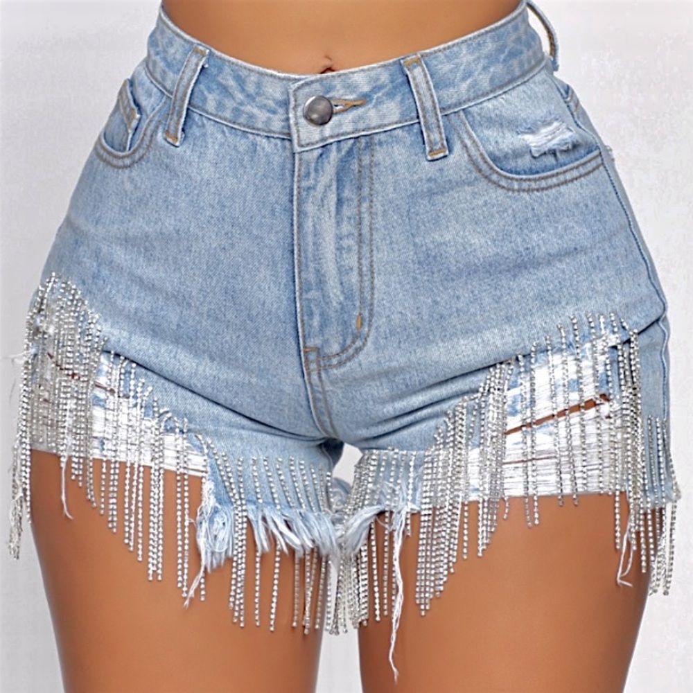 NWOT! FASHION NOVA “Came Through Dripping” Rhinestone Denim Shorts - Size Small
